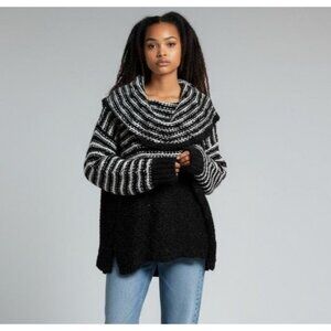 Free People Cowl Neck Sweater XS Black White Striped Cozy Boho oversized Fuzzy